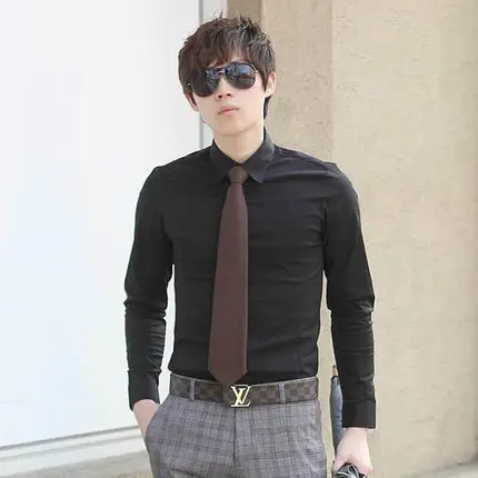 Men Cotton Slim Fit Long Sleeve Shirt Light Blue - Image 25