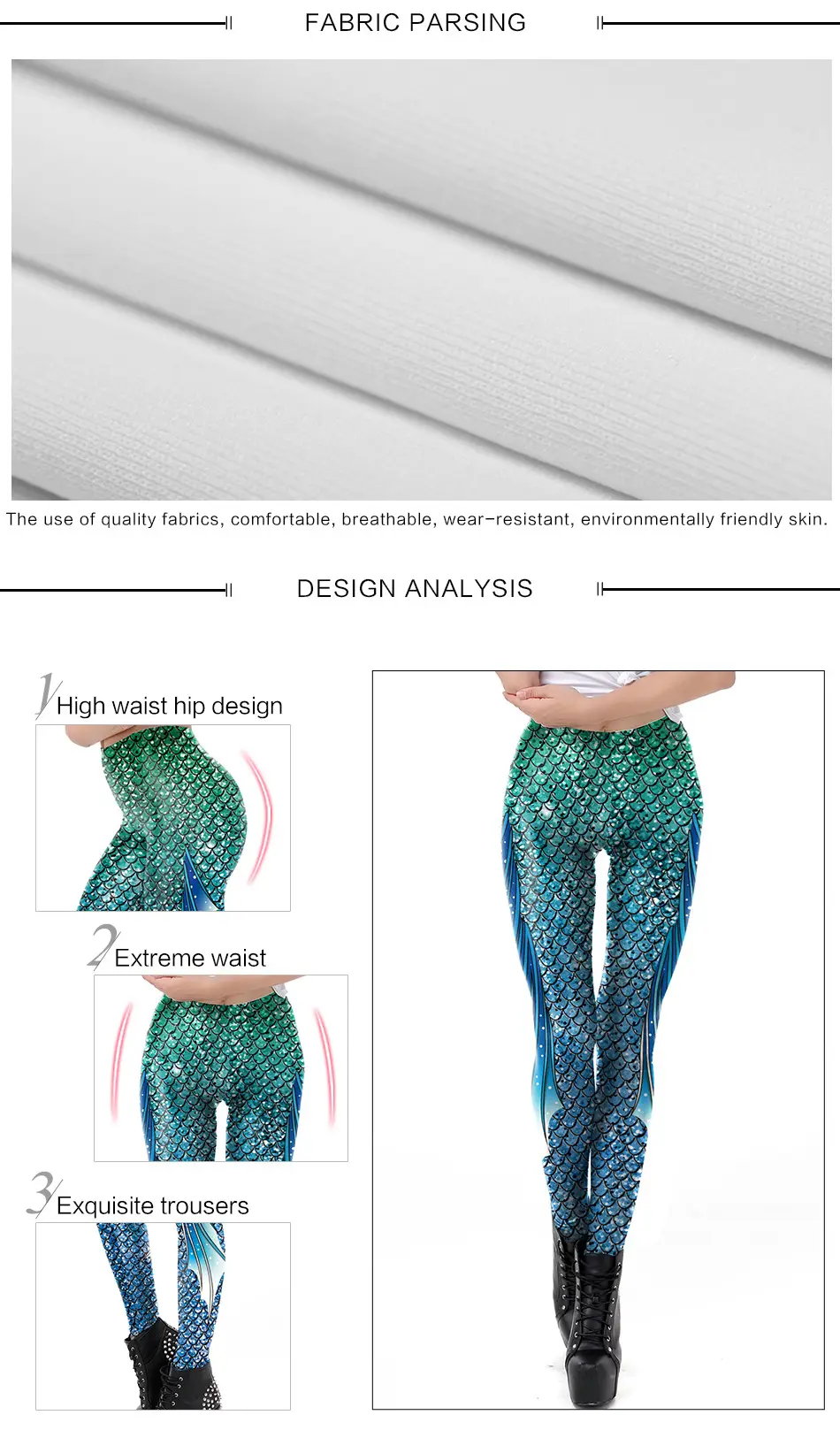 3D Mermaid Leggings Green Blue Printed Stretch Women — feature 7