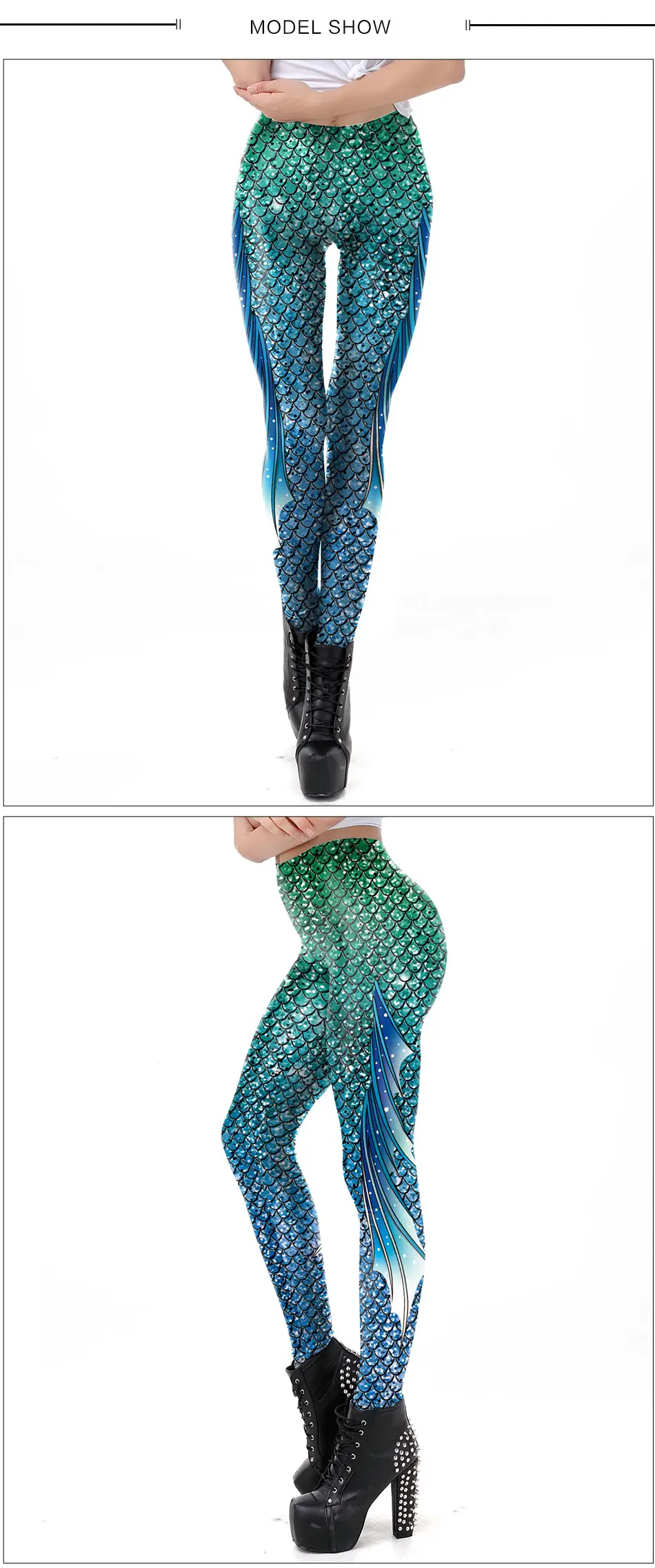 3D Mermaid Leggings Green Blue Printed Stretch Women — feature 8