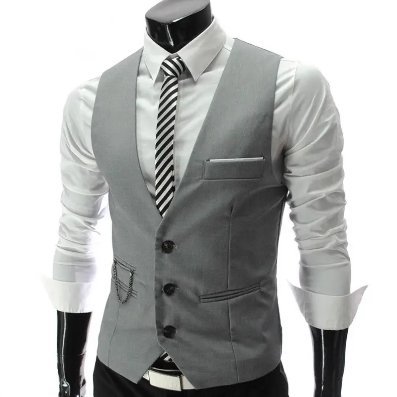 Men Slim V Neck Vest Black White Button Down - Image 4