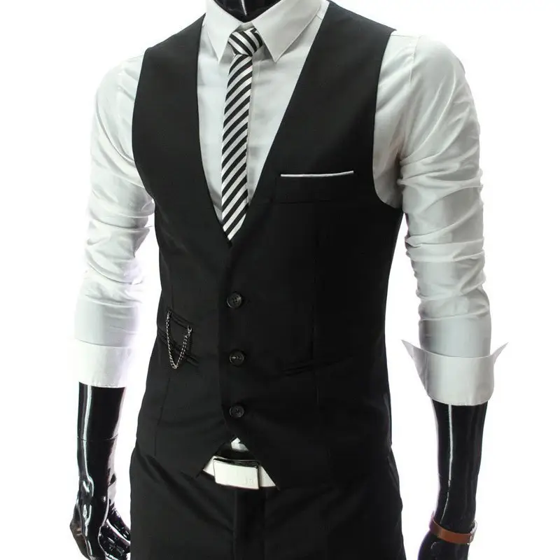 Men Slim V Neck Vest Black White Button Down - Image 6