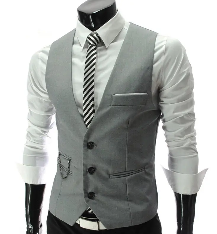 Men Slim V Neck Vest Black White Button Down - Image 2