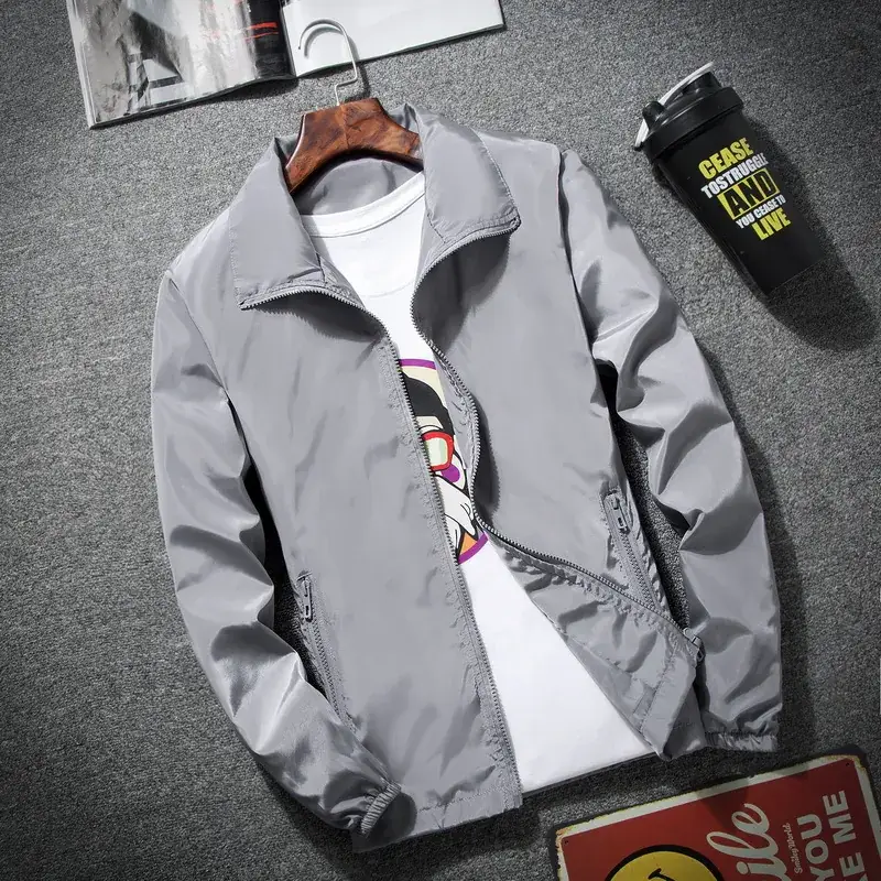 White Windproof Zipper Jacket for Men with Logo Print - Image 4