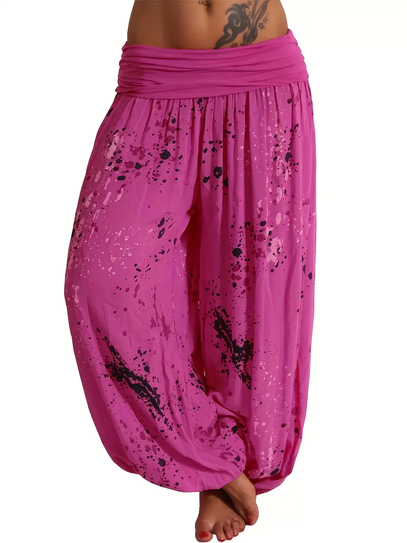 Women Loose Printed Lace-Up Pants Pink - Image 11