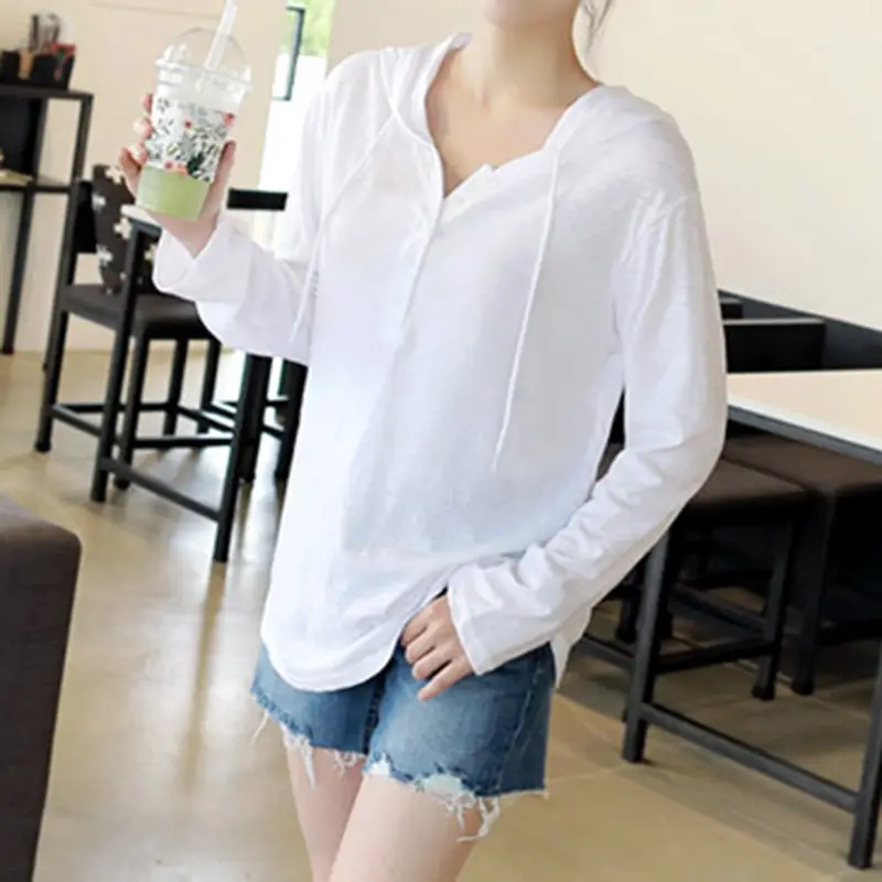 Women Long Sleeve Button T-Shirt White Cotton Loose
