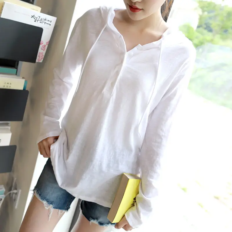 Women Long Sleeve Button T-Shirt White Cotton Loose