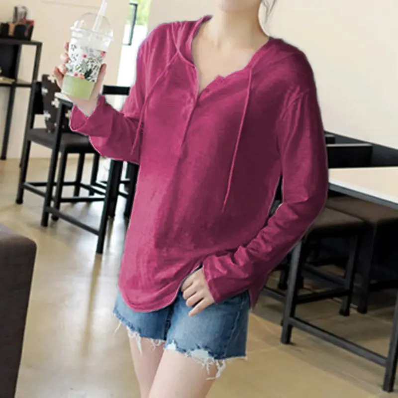 Women Long Sleeve Button T-Shirt White Cotton Loose