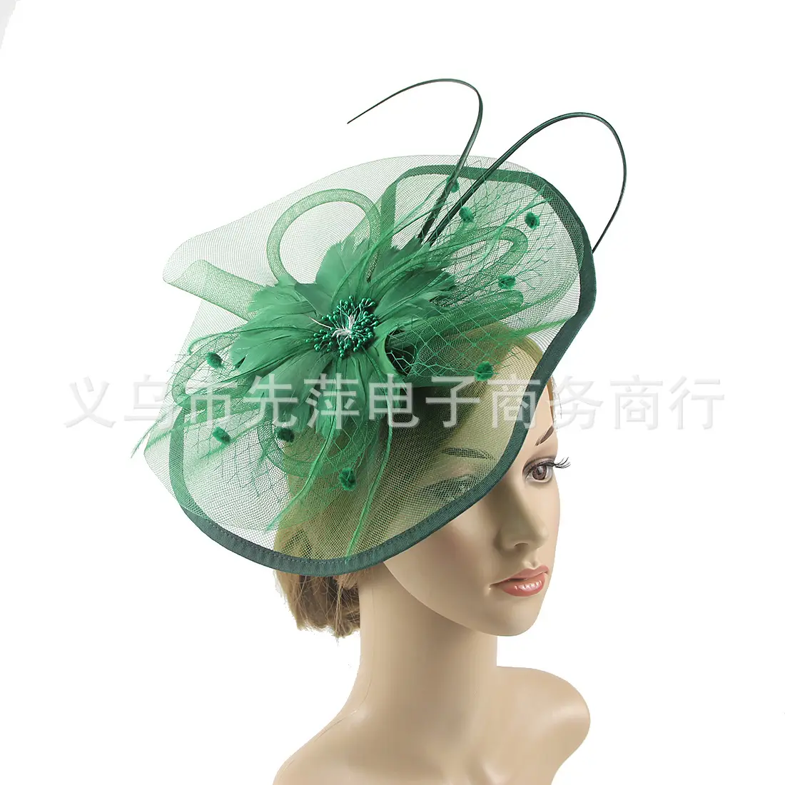 Green Feathered Mesh Hair Hat for Women - Image 18