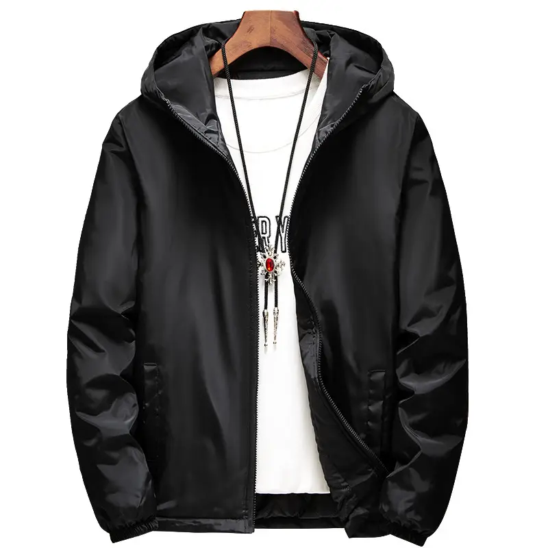 Men's Black Hooded Windbreaker Jacket Plus Size Cotton Padded