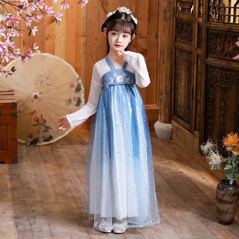 Fairy Ancient Hanfu Dress for Girls Blue Long Sleeve - Image 3