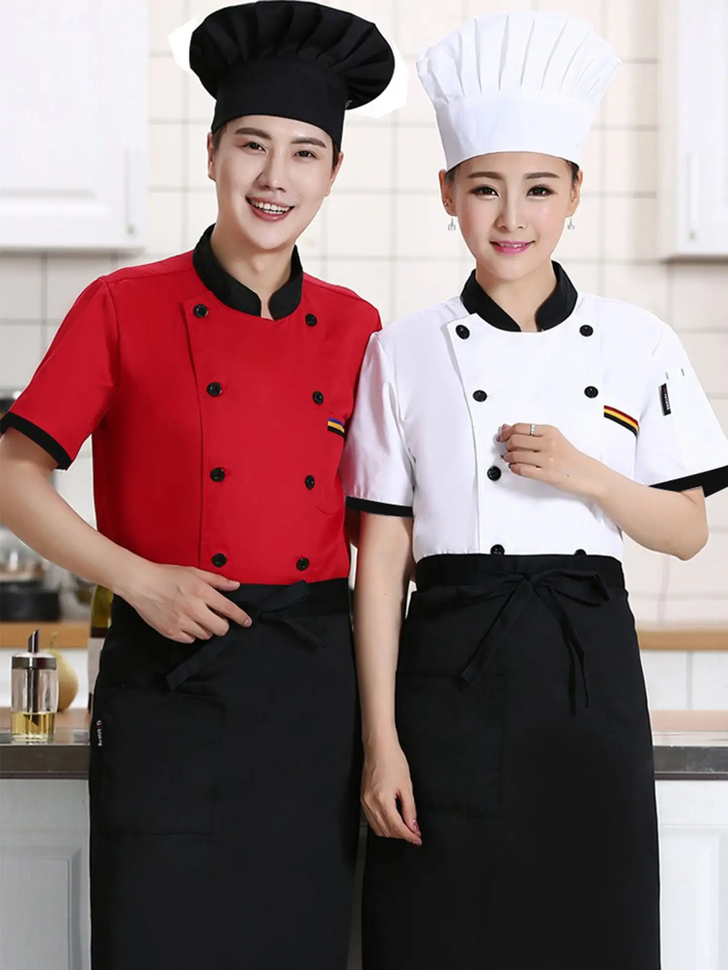 White Button Down Kitchen Jacket for Men with Red Trim - Image 17