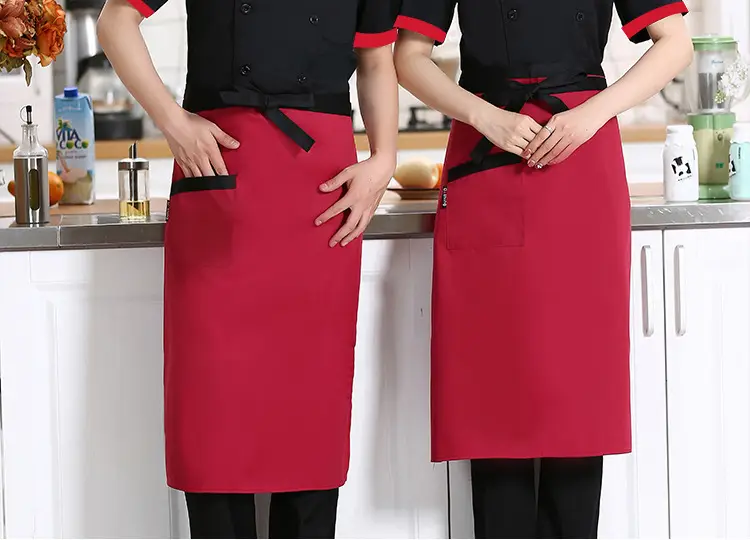 White Button Down Kitchen Jacket for Men with Red Trim — feature 14