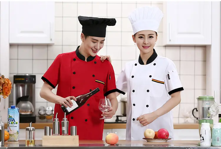 White Button Down Kitchen Jacket for Men with Red Trim — feature 20