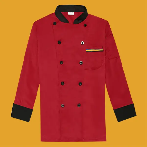 White Button Down Kitchen Jacket for Men with Red Trim - Image 10