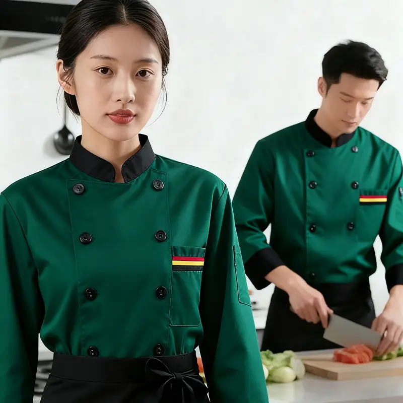 White Button Down Kitchen Jacket for Men with Red Trim - Image 11
