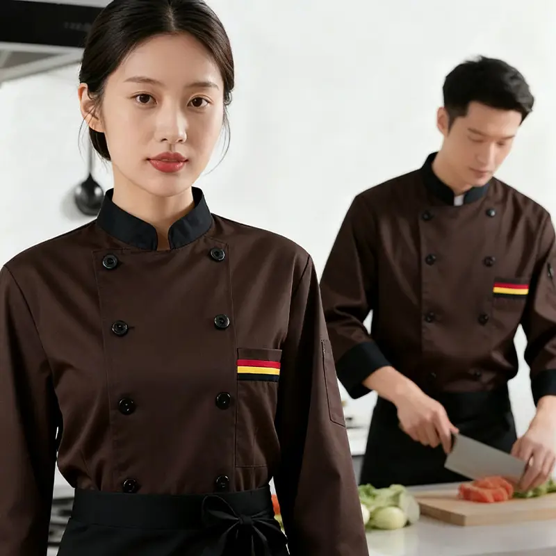 White Button Down Kitchen Jacket for Men with Red Trim - Image 12