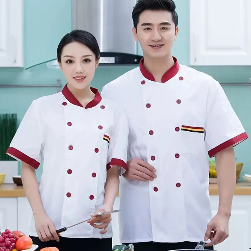 White Button Down Kitchen Jacket for Men with Red Trim - Image 2