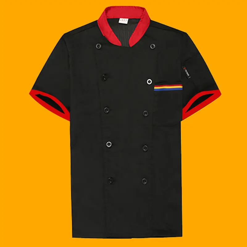 White Button Down Kitchen Jacket for Men with Red Trim - Image 3