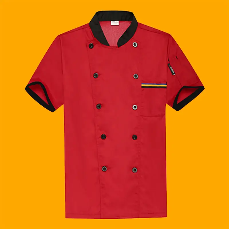 White Button Down Kitchen Jacket for Men with Red Trim - Image 4