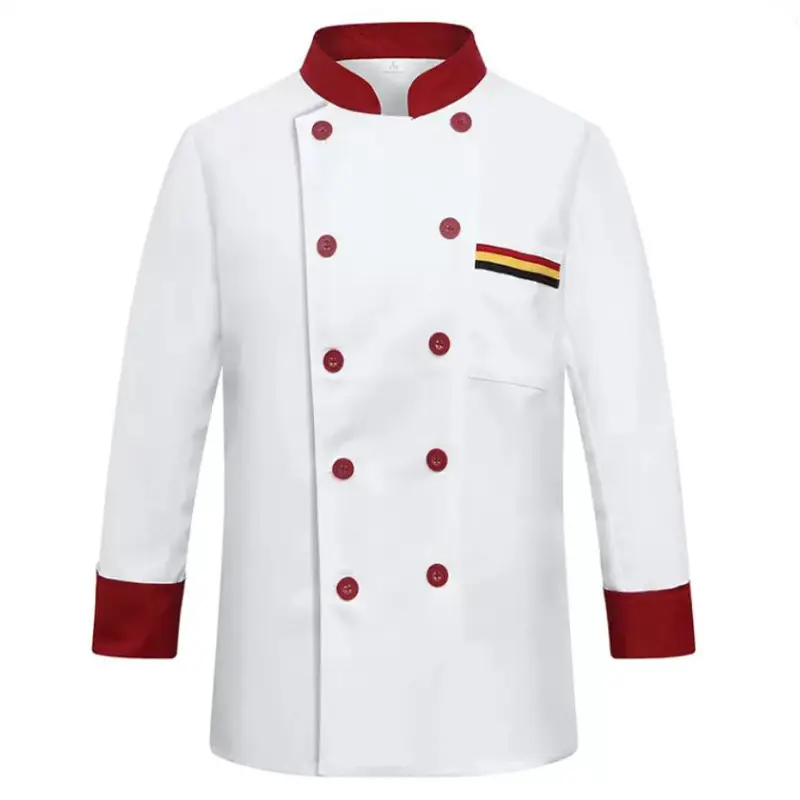 White Button Down Kitchen Jacket for Men with Red Trim - Image 8
