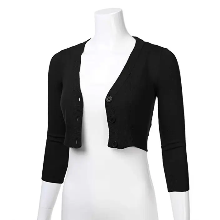 White Long Sleeve Cropped Cardigan V-Neck Button Front