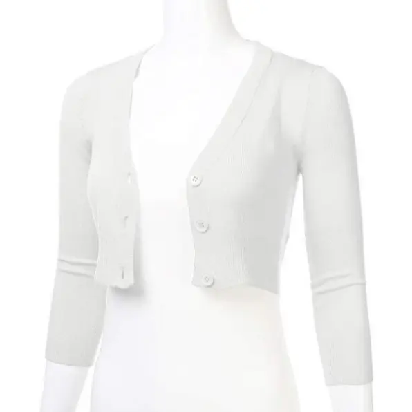 White Long Sleeve Cropped Cardigan V-Neck Button Front