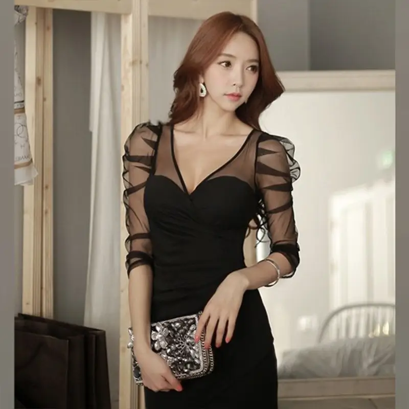 Black V-Neck Mesh Miniskirt Dress for Women - Image 2