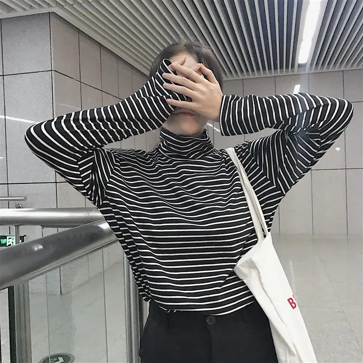 Women Korean Slim Fit Striped Turtleneck Top — feature 10
