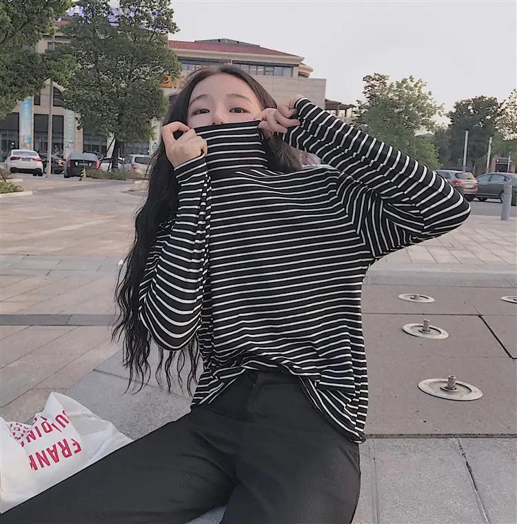 Women Korean Slim Fit Striped Turtleneck Top — feature 11