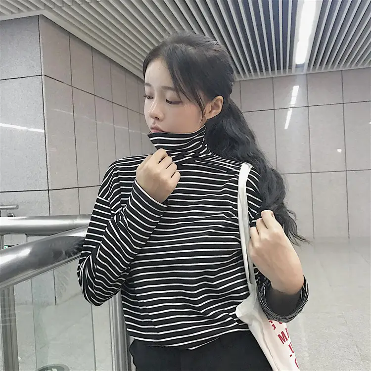 Women Korean Slim Fit Striped Turtleneck Top — feature 13