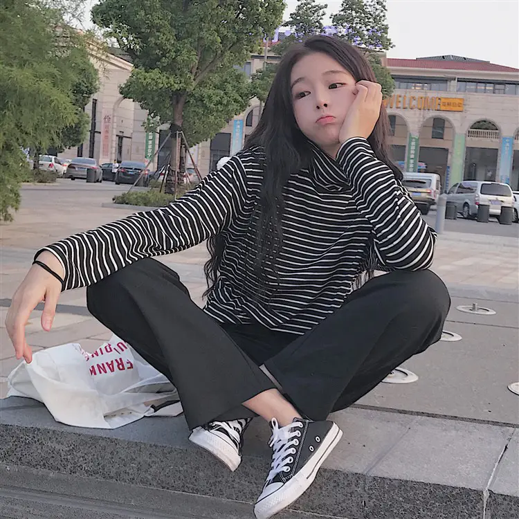 Women Korean Slim Fit Striped Turtleneck Top — feature 16