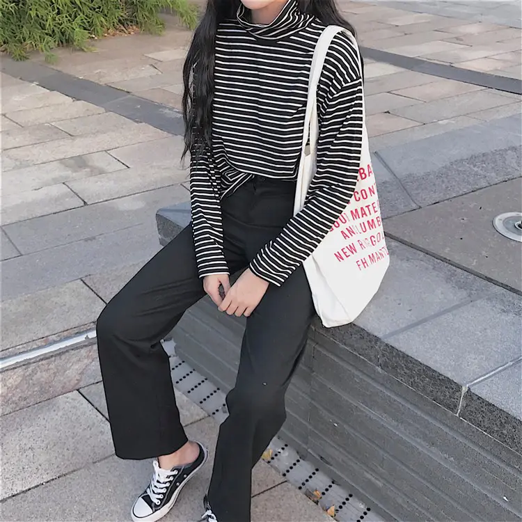 Women Korean Slim Fit Striped Turtleneck Top — feature 18