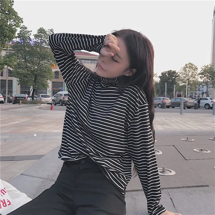 Women Korean Slim Fit Striped Turtleneck Top — feature 19