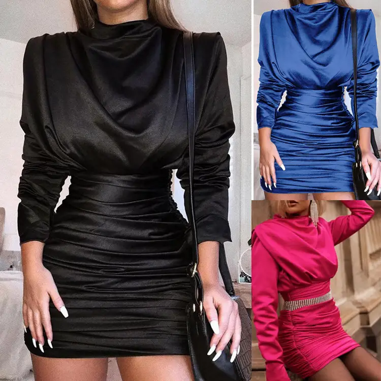 Black High Collar Hip Fold Dress for Women - Image 2