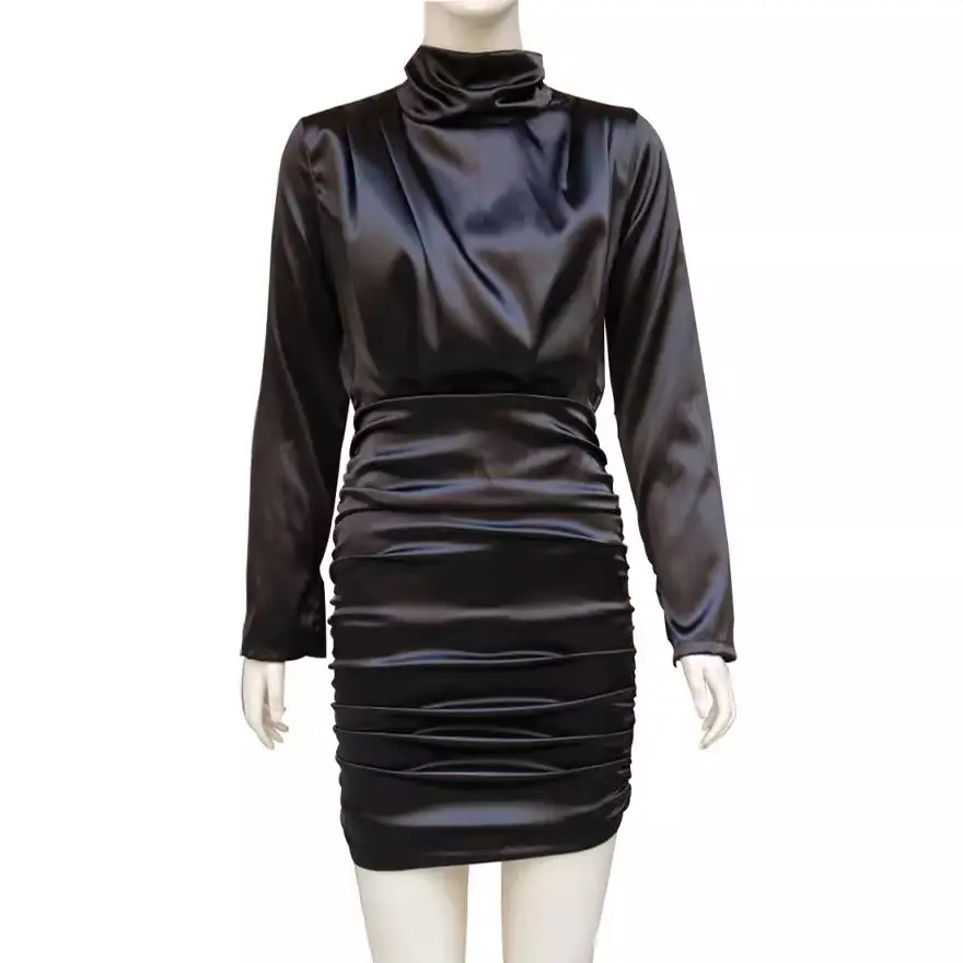 Black High Collar Hip Fold Dress for Women - Image 3