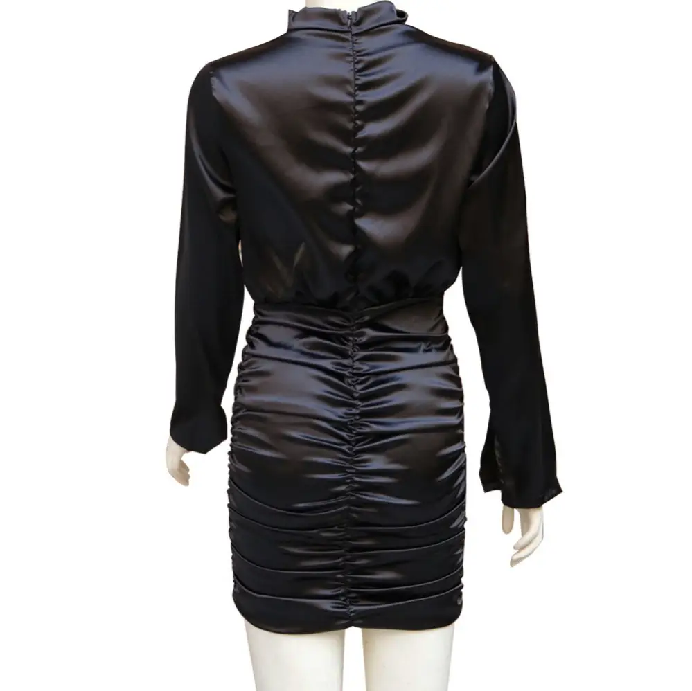 Black High Collar Hip Fold Dress for Women - Image 4