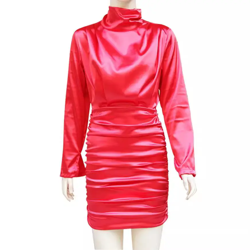 Black High Collar Hip Fold Dress for Women - Image 5