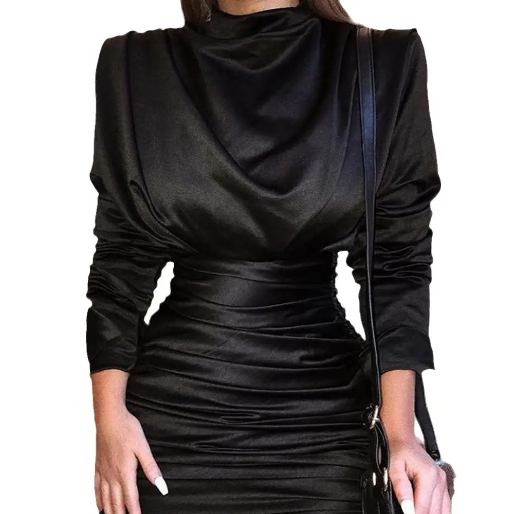Black High Collar Hip Fold Dress for Women - Image 6