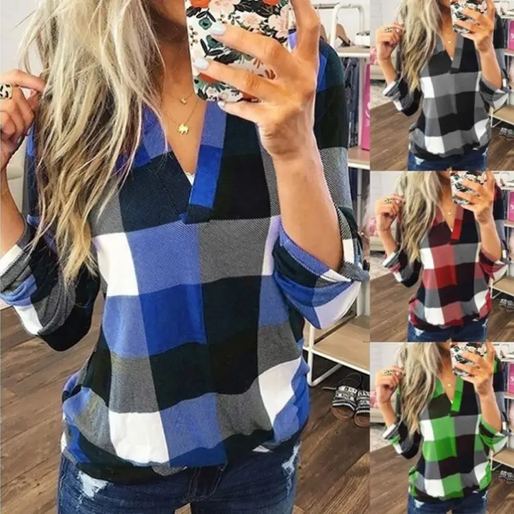 2023 Plaid V Neck Long Sleeve Tops for Women - Image 8