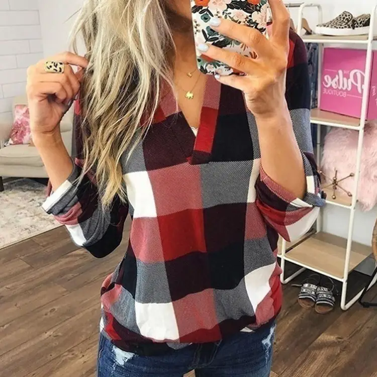 2023 Plaid V Neck Long Sleeve Tops for Women - Image 11