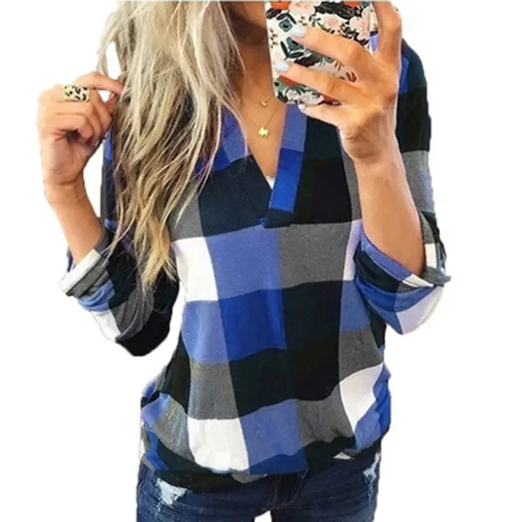 2023 Plaid V Neck Long Sleeve Tops for Women - Image 12