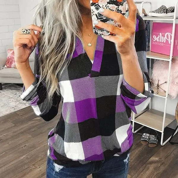 2023 Plaid V Neck Long Sleeve Tops for Women - Image 2