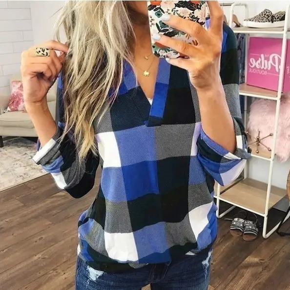 2023 Plaid V Neck Long Sleeve Tops for Women - Image 5