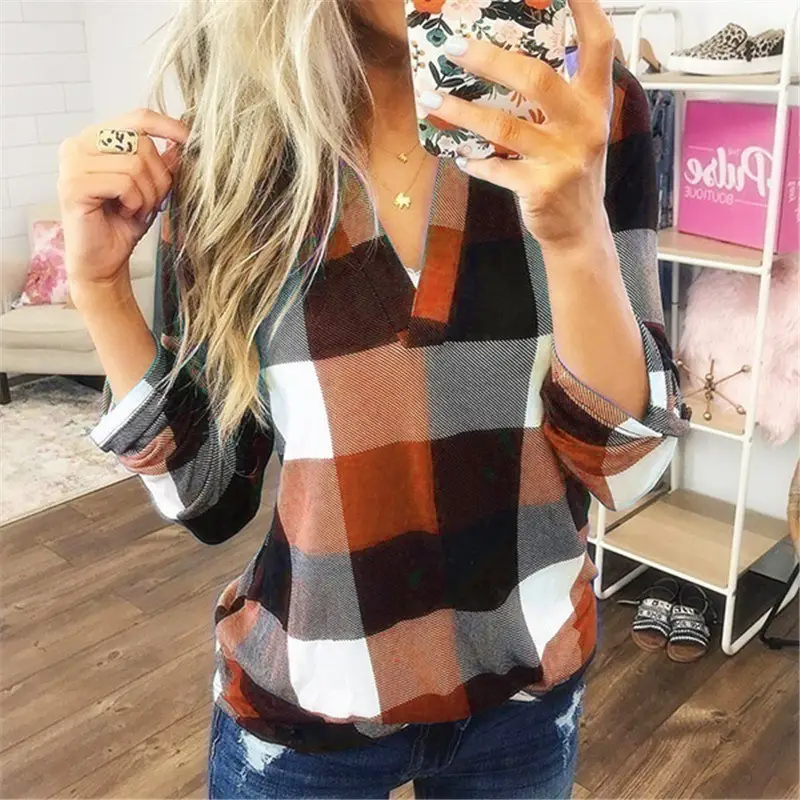 2023 Plaid V Neck Long Sleeve Tops for Women - Image 7