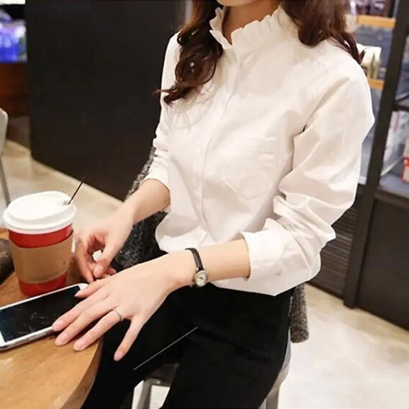 White Long Sleeve Women's Shirt Loose Fit Korean Style 2025 - Image 3