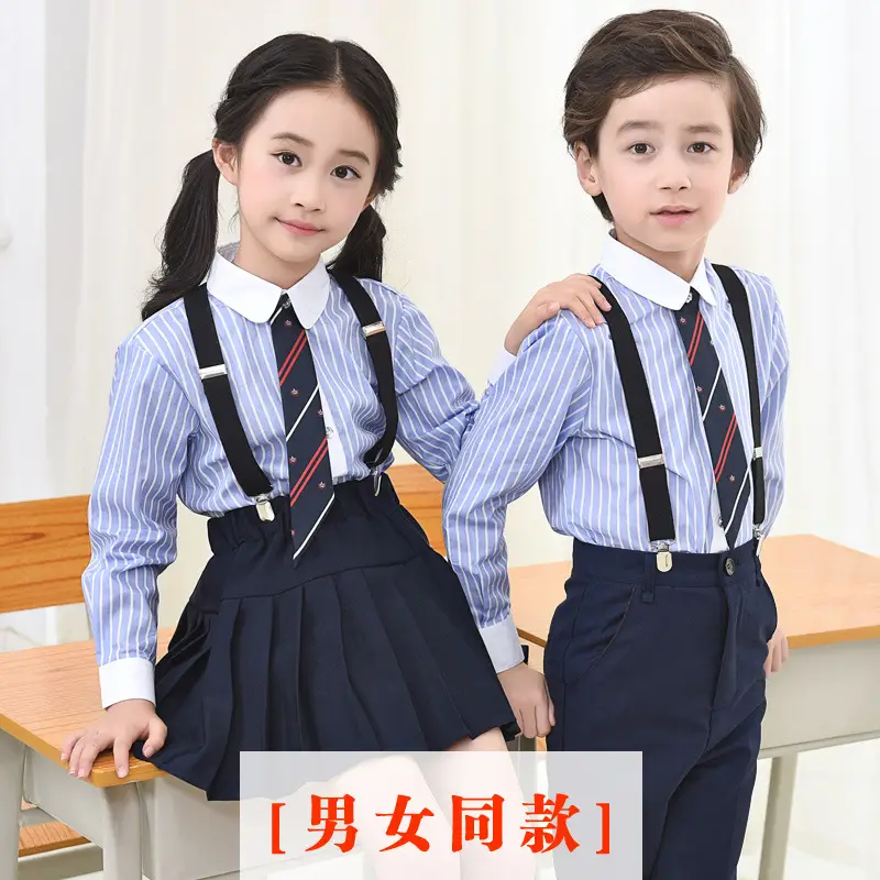 Children Cotton Striped Shirt Blue Middle School Boys Girls