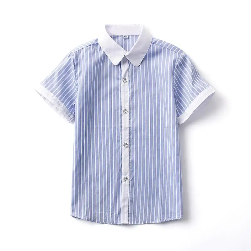 Children Cotton Striped Shirt Blue Middle School Boys Girls