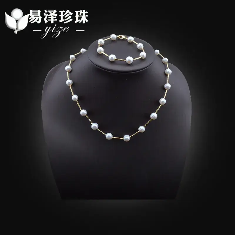 Gold Pearl Bracelet Necklace Set Nearly Round Flaw - Image 5
