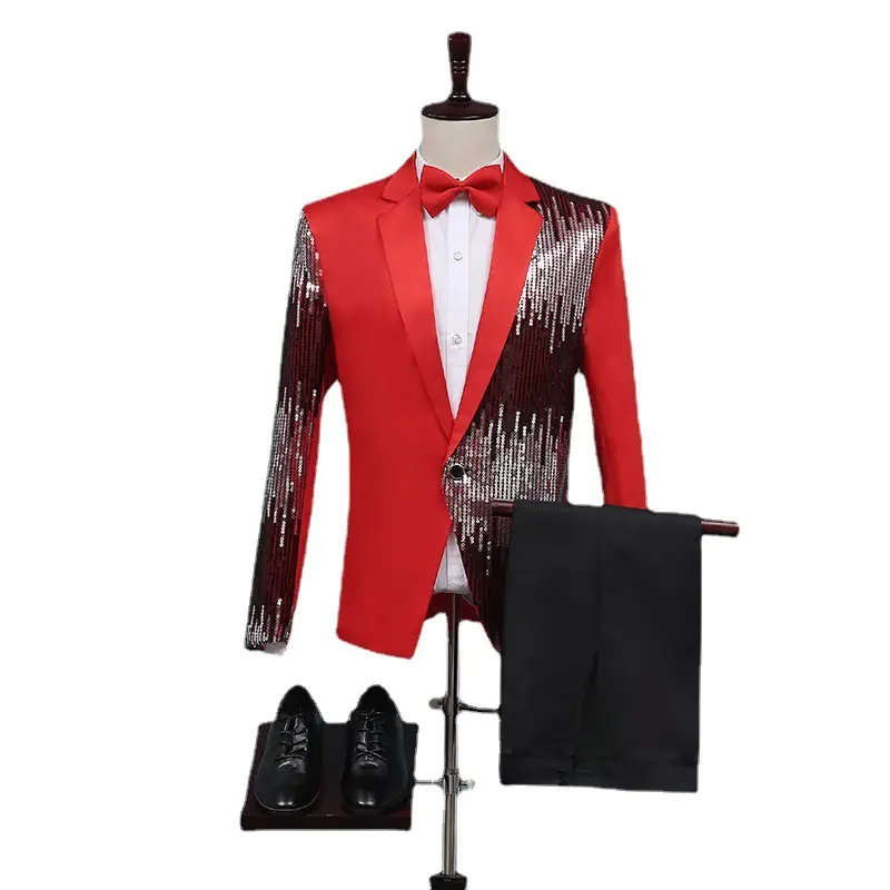 2022 Men Slim Fit Suit Red Sequin Stage Host Dress - Image 3