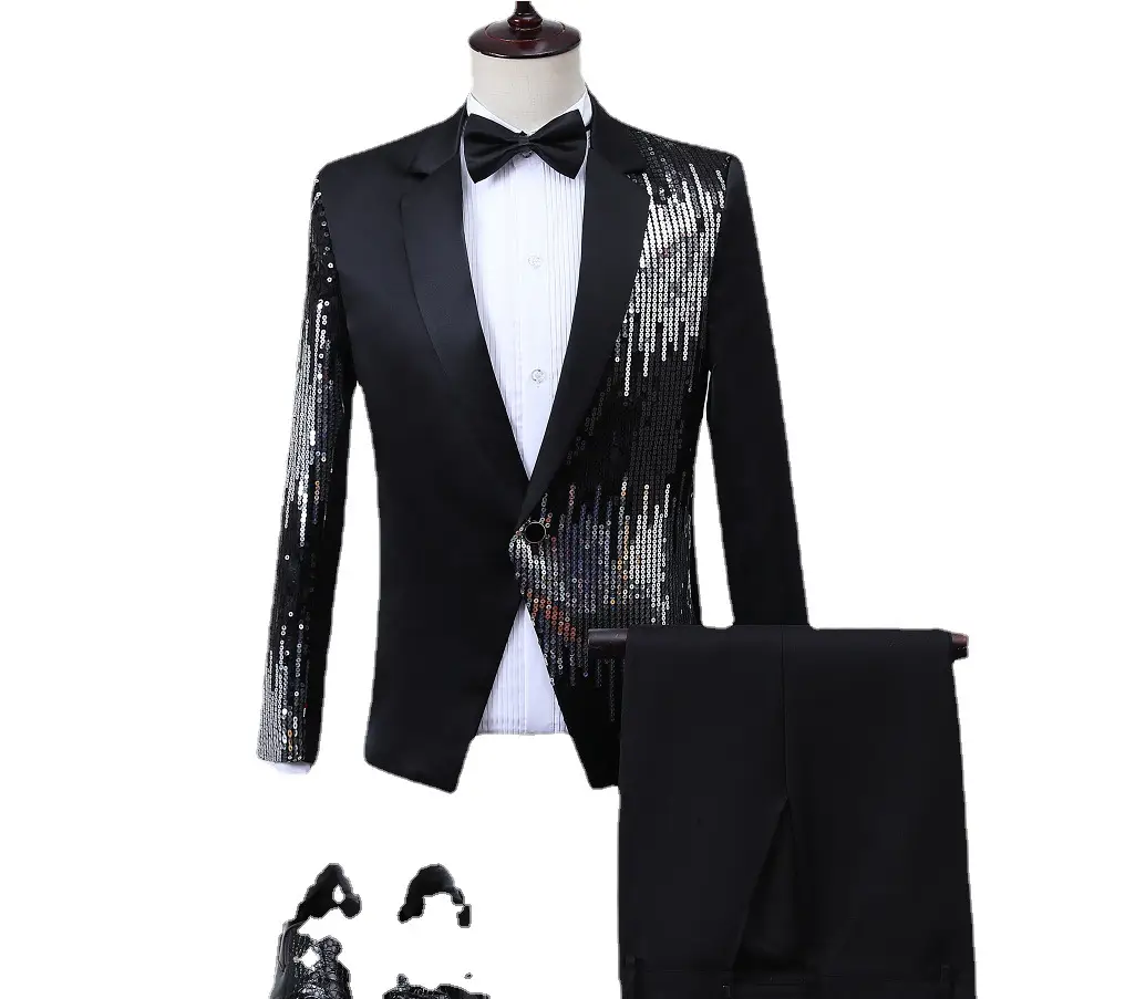 2022 Men Slim Fit Suit Red Sequin Stage Host Dress - Image 4